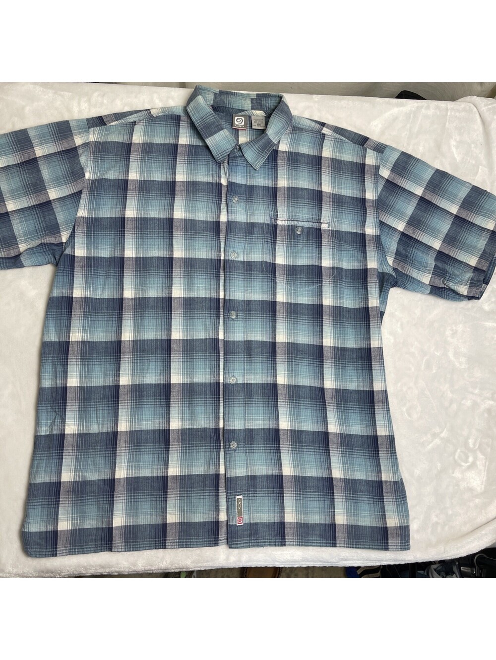 Men’s OP Blue Plaid Short Sleeve Button Down Preppy XL
